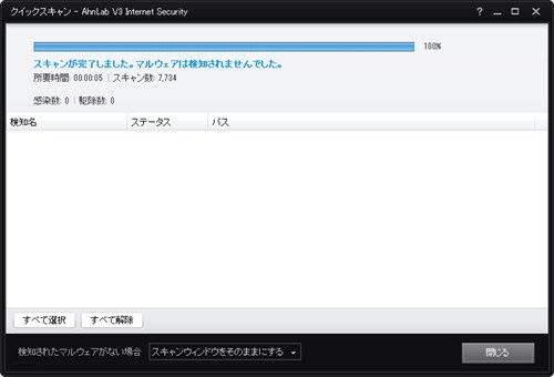 AhnLab V3 Securityのウイルススキャン画面