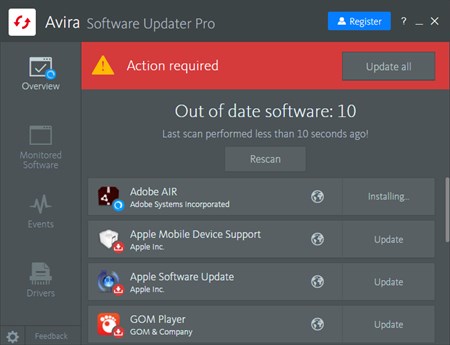 Avira Internet SecurityのSoftware Updater（脆弱性対策）