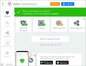 Avira Free Antivirusの管理画面
