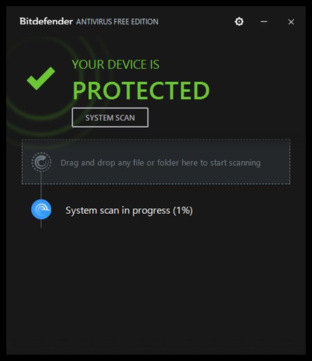 Bitdefender Antivirus Free Editionのウイルススキャン画面