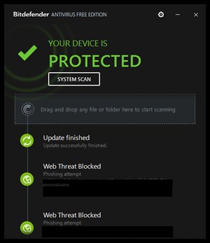 Bitdefender Antivirus Free Editionの管理画面