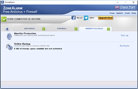 ZoneAlarm Free Antivirusの設定画面
