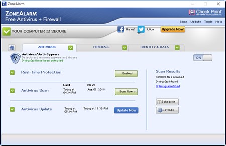 ZoneAlarm Free Antivirusのアンチウイルス設定画面
